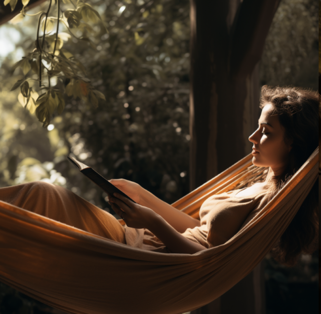 Woman laying outside in a hammock reading a book.